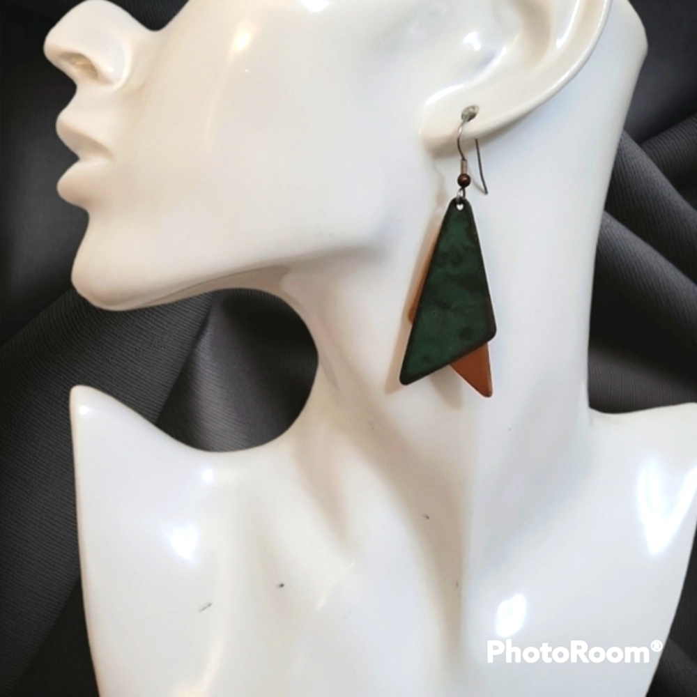 Copper Patina Geometric Dangle Hook Earrings - image 1